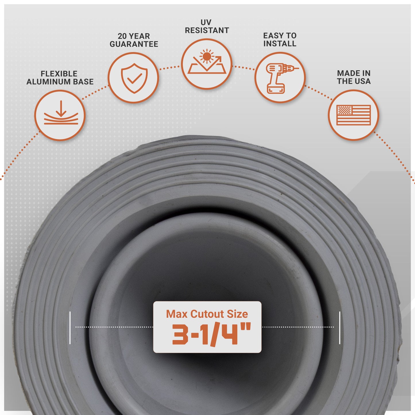 Gray metal roof boot with features listed on a white background