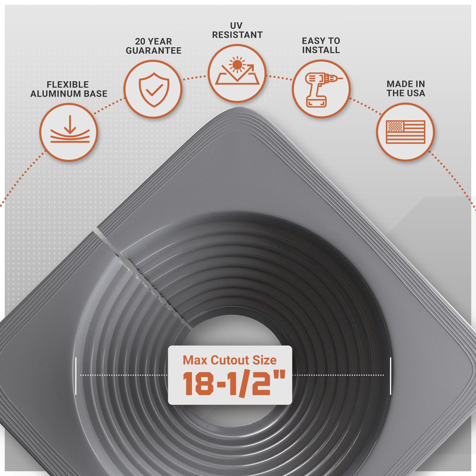 Gray flexible aluminum base with circular cutout and feature icons on a white background