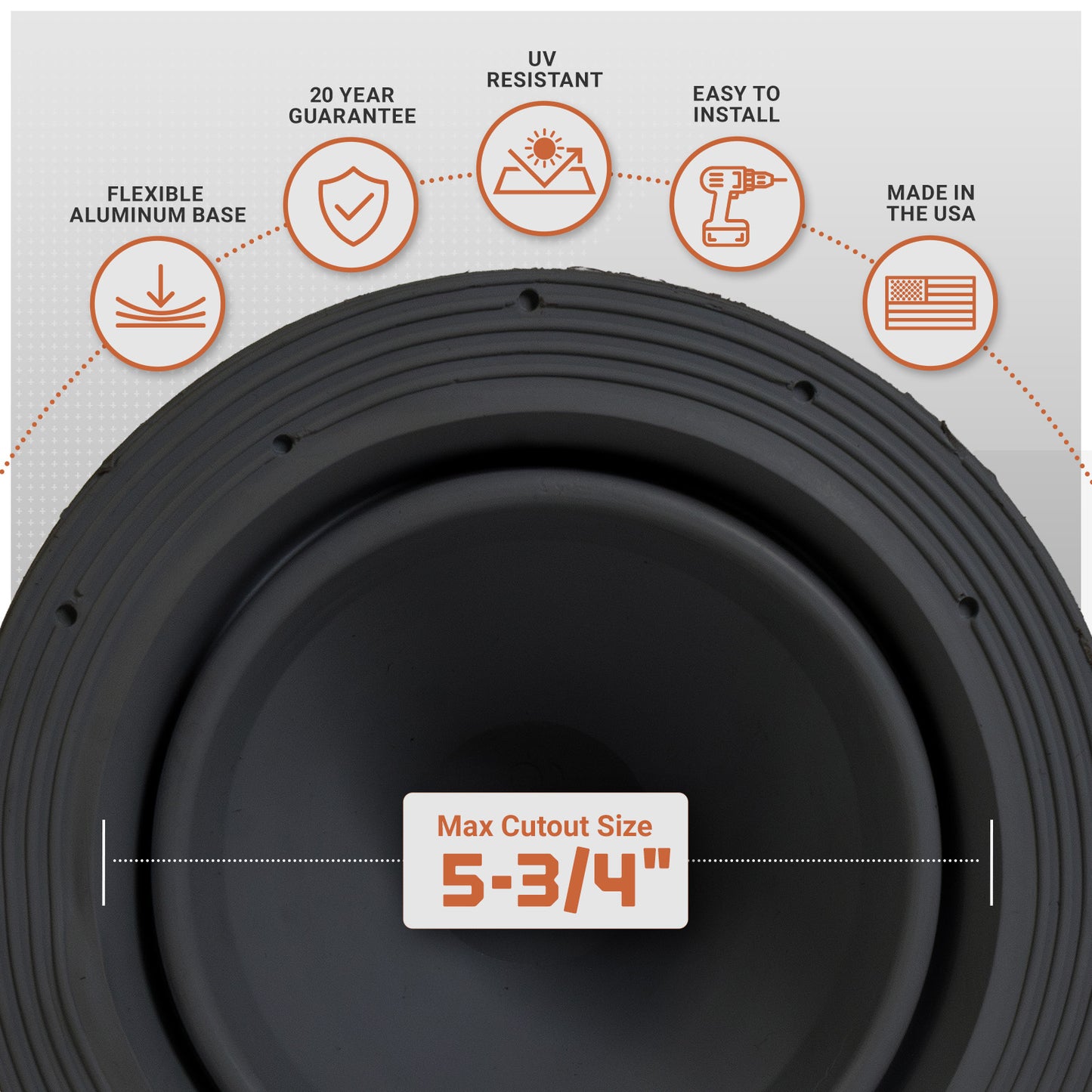 metal roof boot with features listed on a gray background