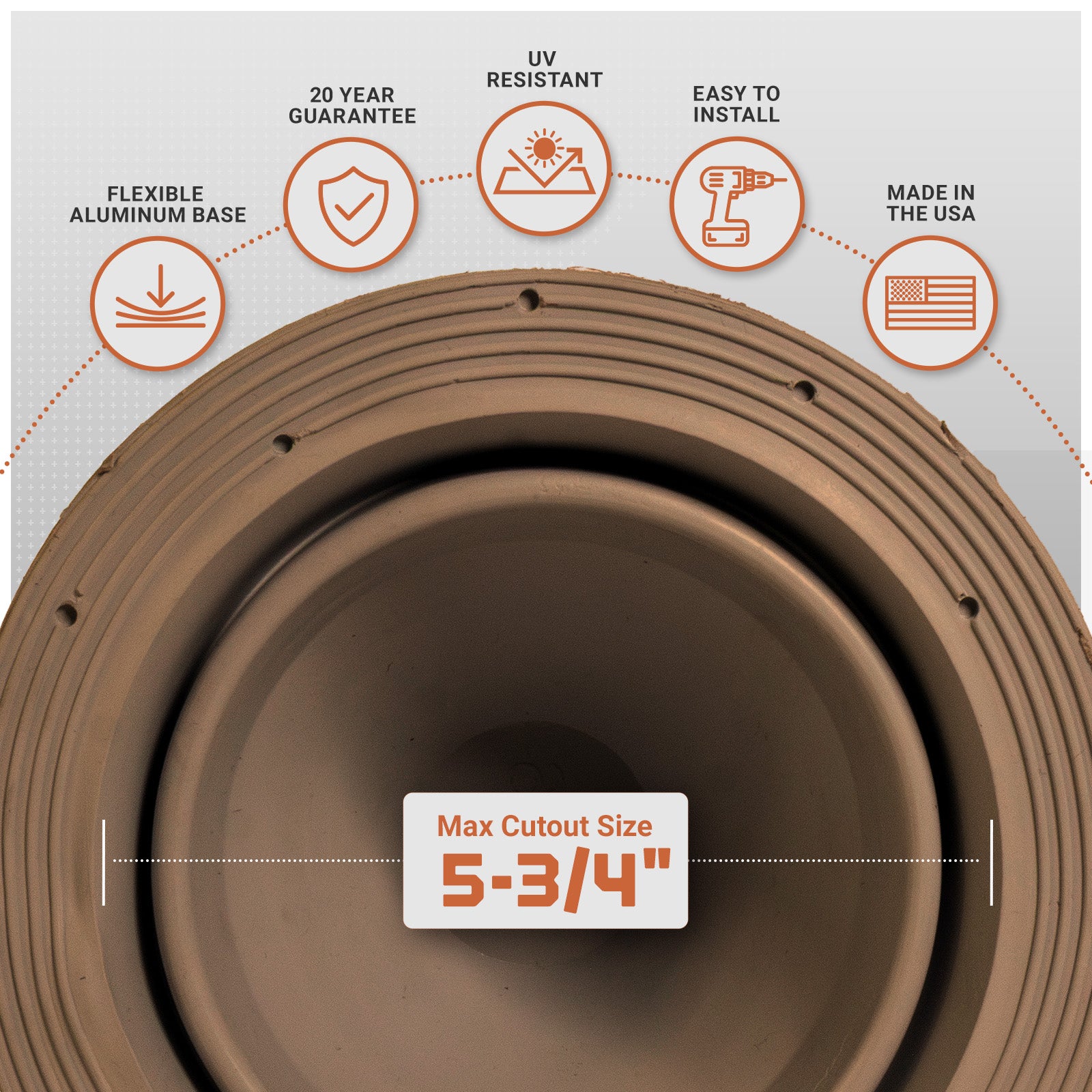Brown metal roof boot with installation features and specifications on a white background