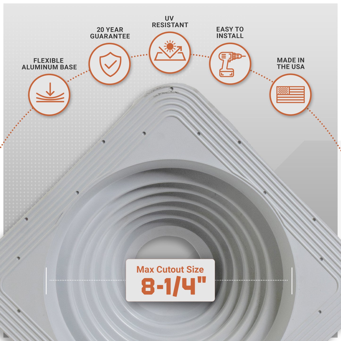 Metal roof boot with features listed and a max cutout size indicator.