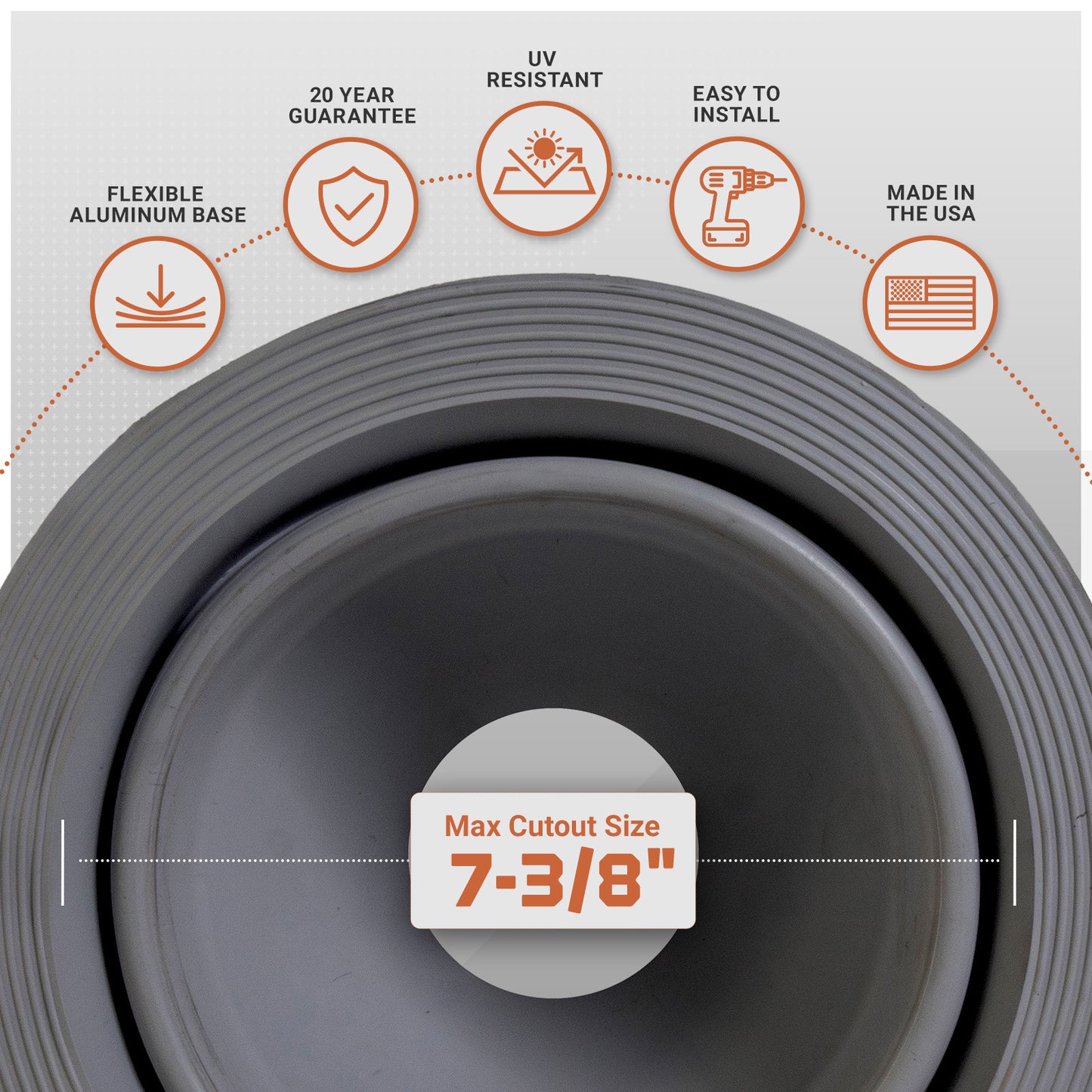 Gray Metal roof boot with features listed on a white background