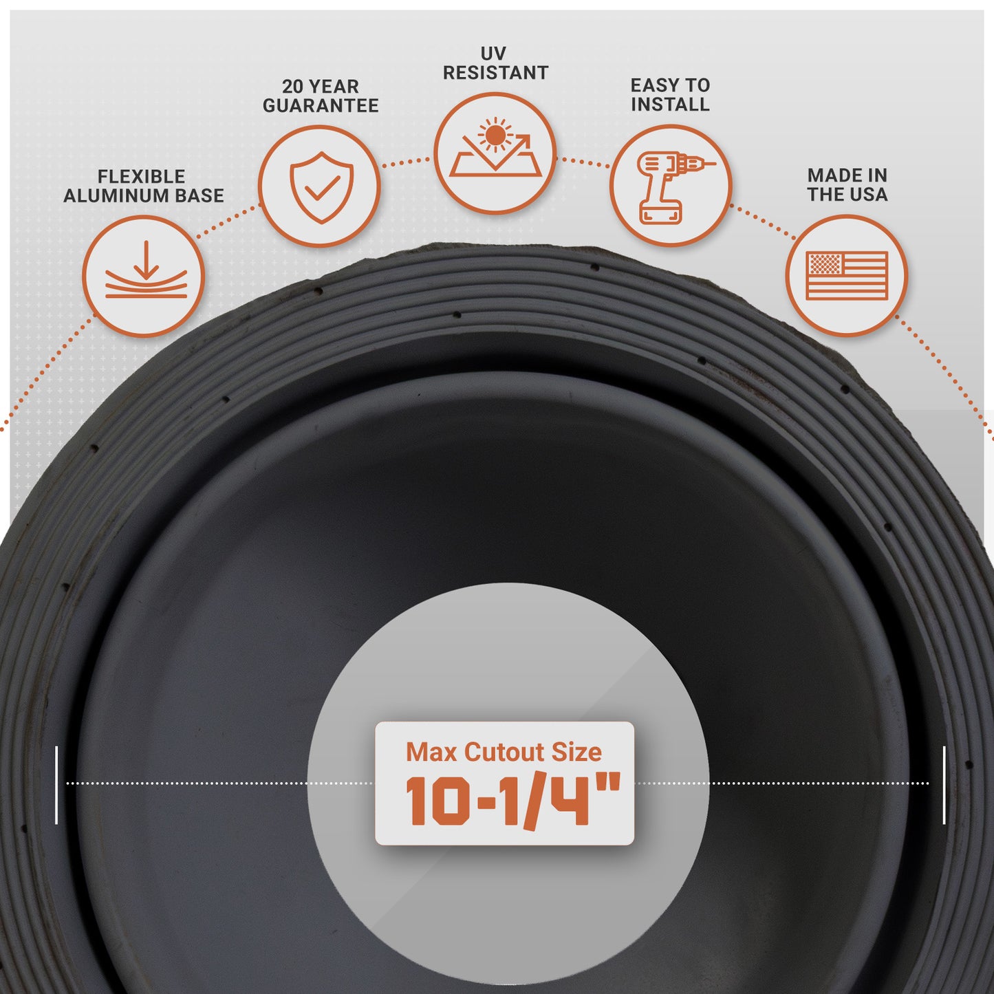 Metal roof boot with features listed on a gray background