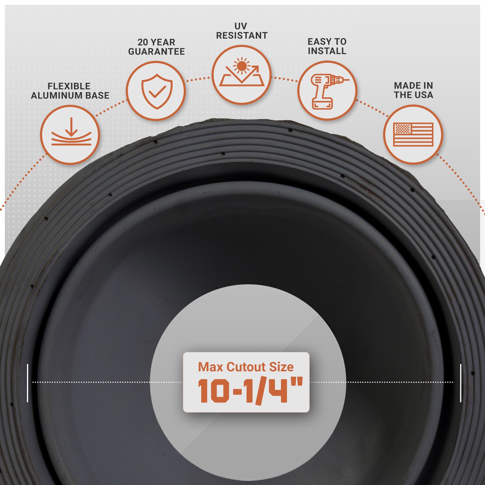 Metal roof boot with features listed on a gray background