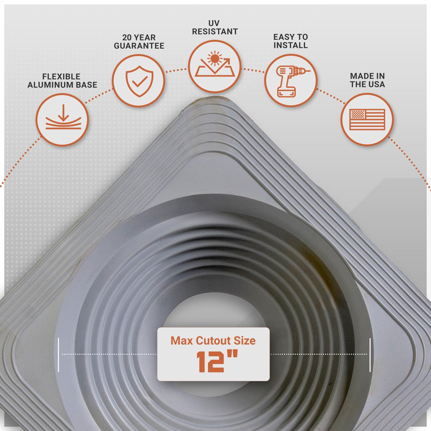 Metal roof boot with flexible aluminum base material with features listed on a white background