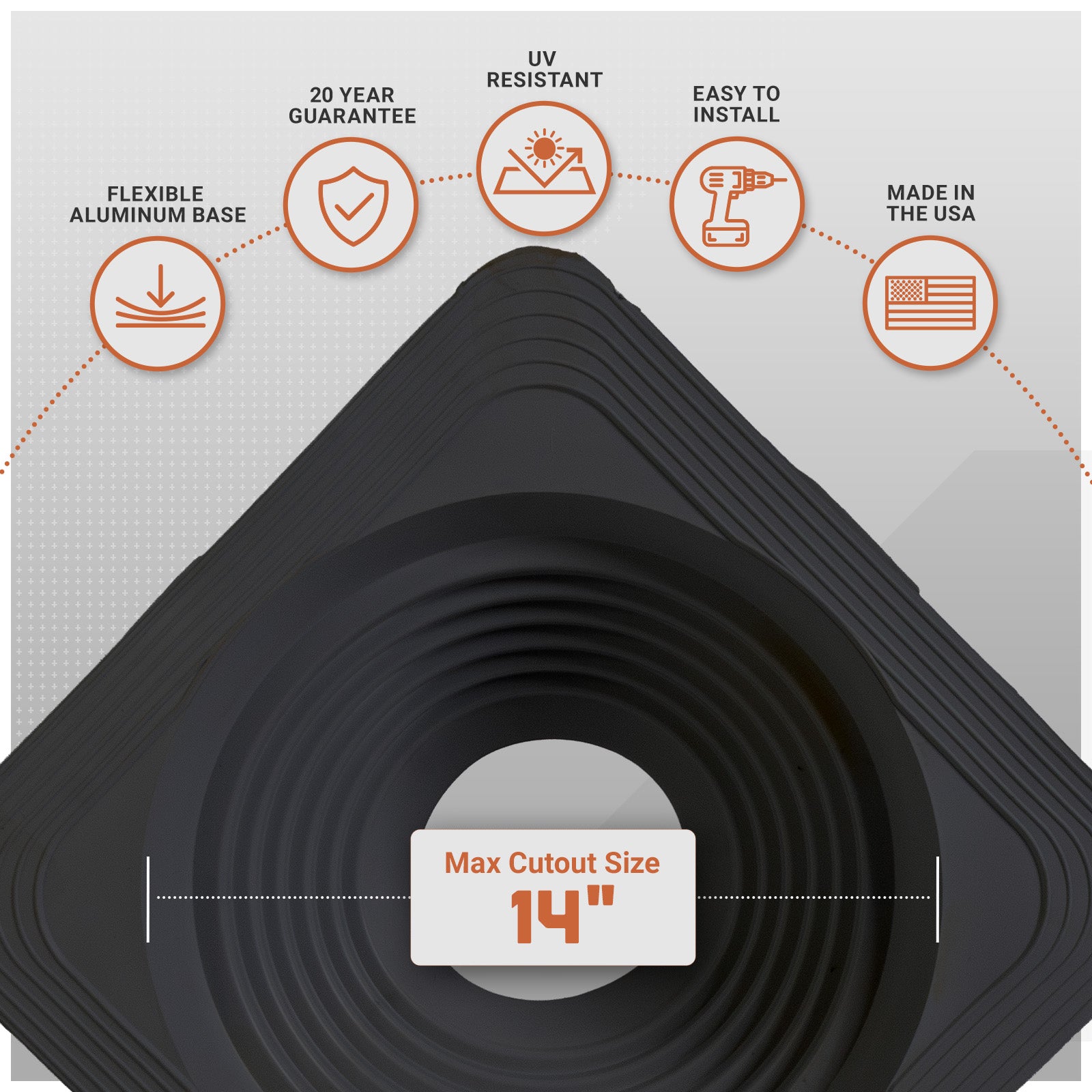 Metal roof boot with features listed on a white background