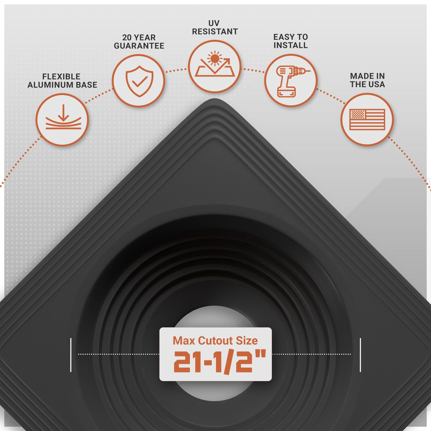 Metal roof boot with features and specifications on a white background