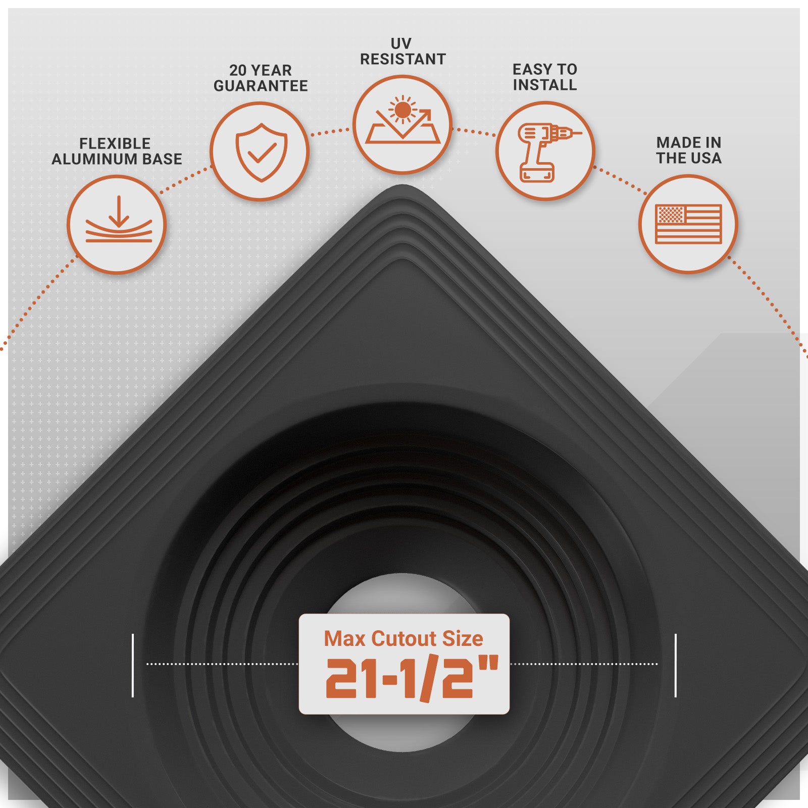 Metal roof boot with features and specifications on a white background