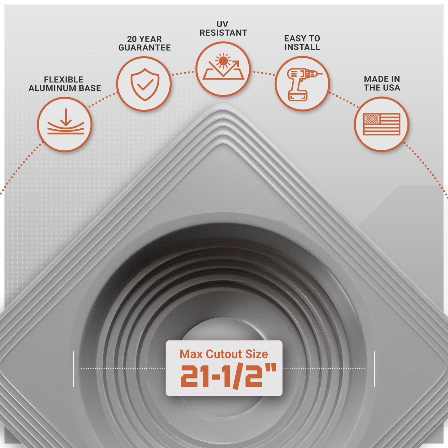 Metal roof boot with features listed on a white background