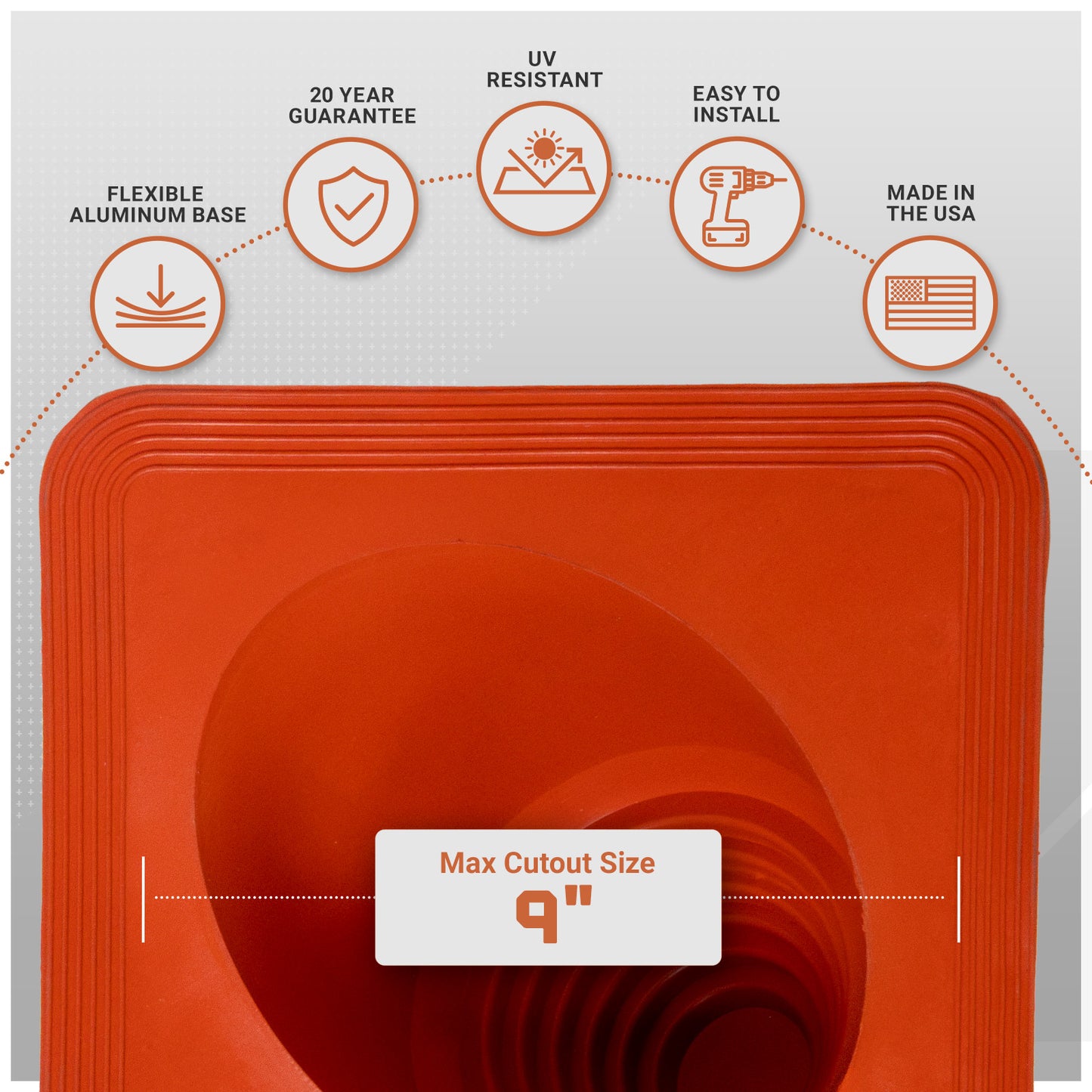 Red metal roof boot with flexible aluminum base with product features on a white background