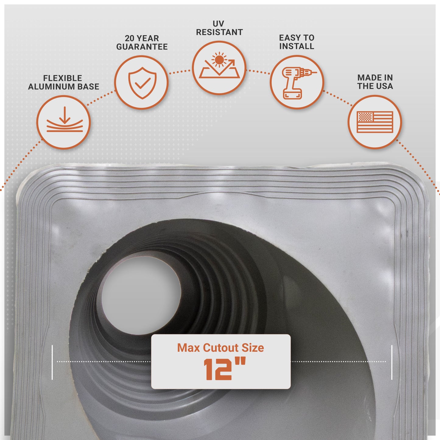 metal roof boot with features listed above with flexible aluminum base and a max cutout size label.