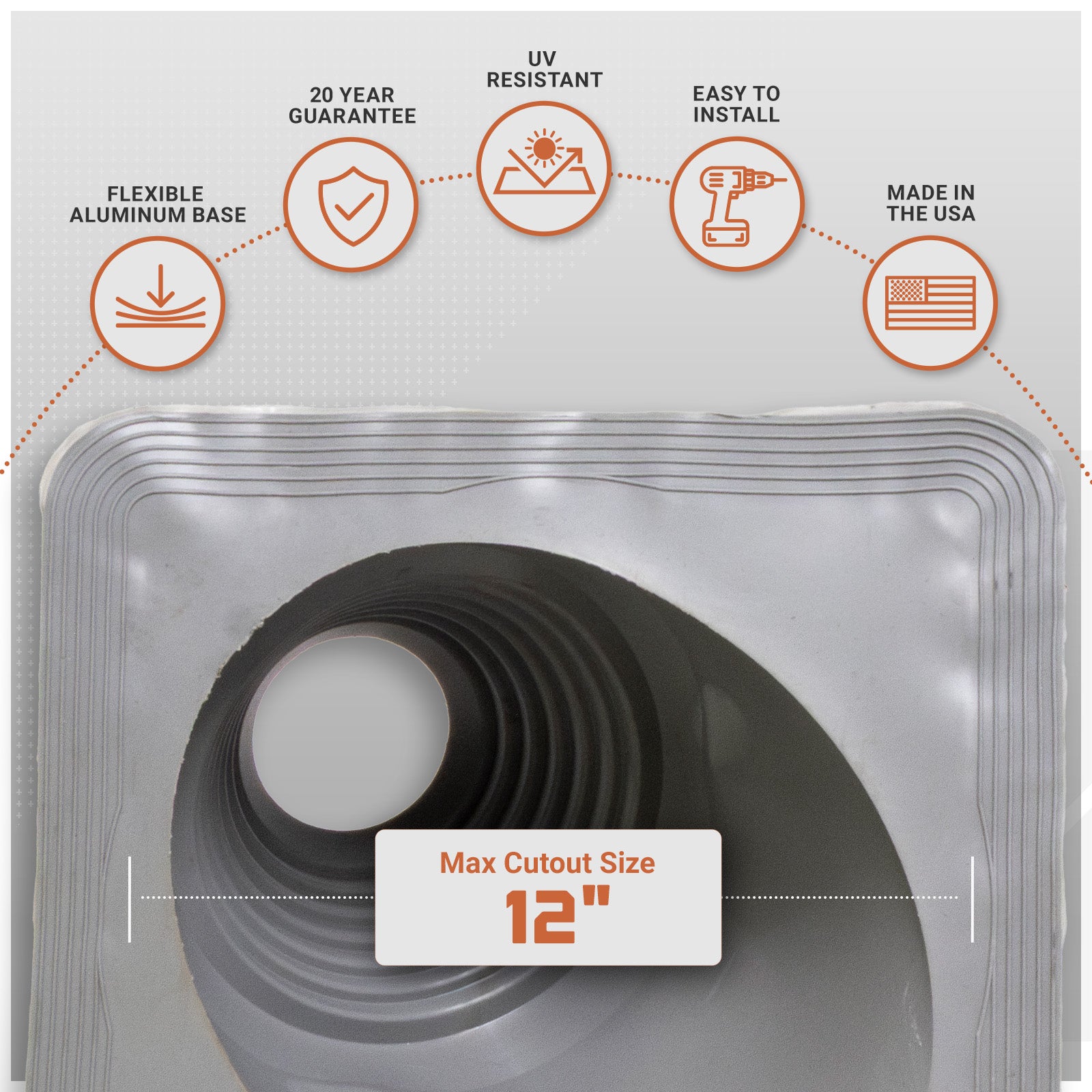metal roof boot with features listed above with flexible aluminum base and a max cutout size label.