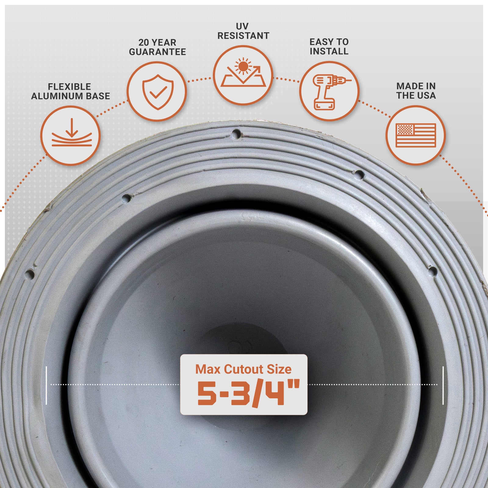 Gray Metal roof boot with features listed on a white background