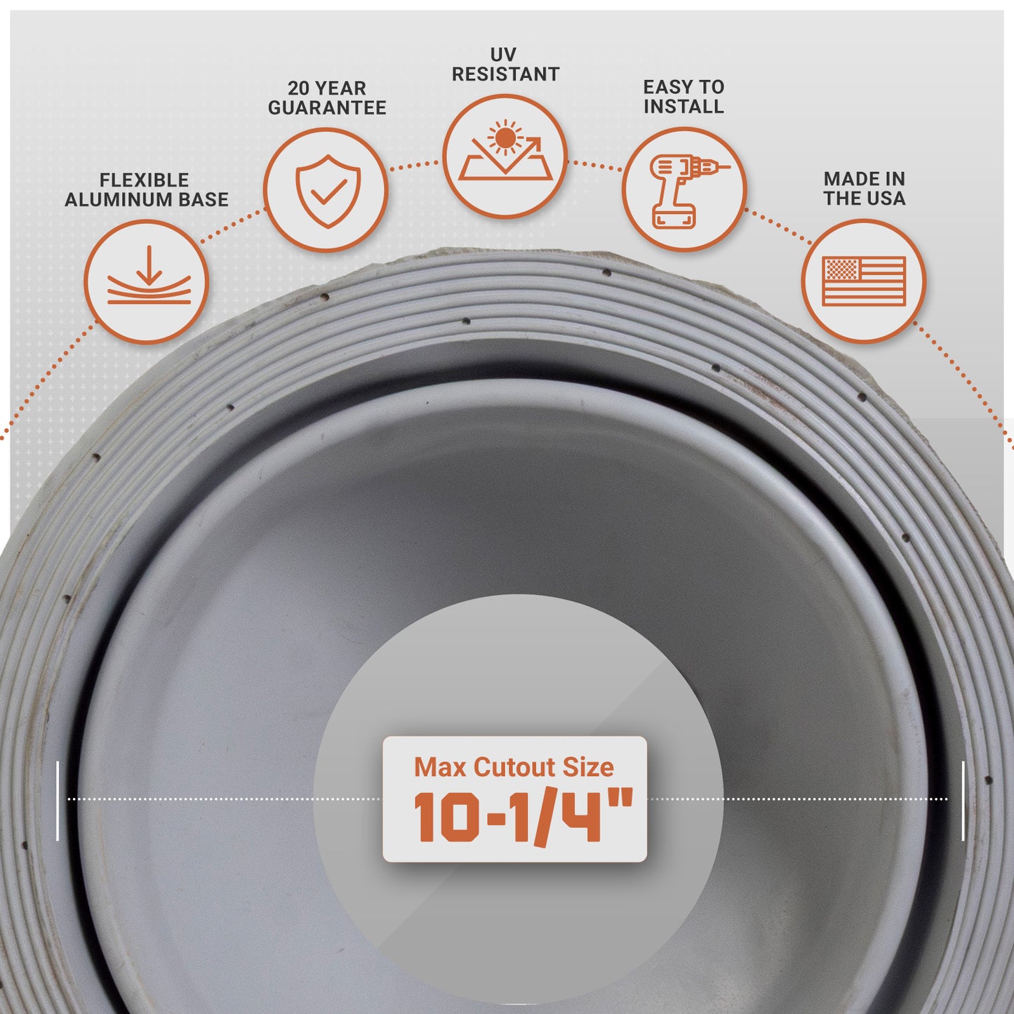 Metal roof boot with features listed on a white background
