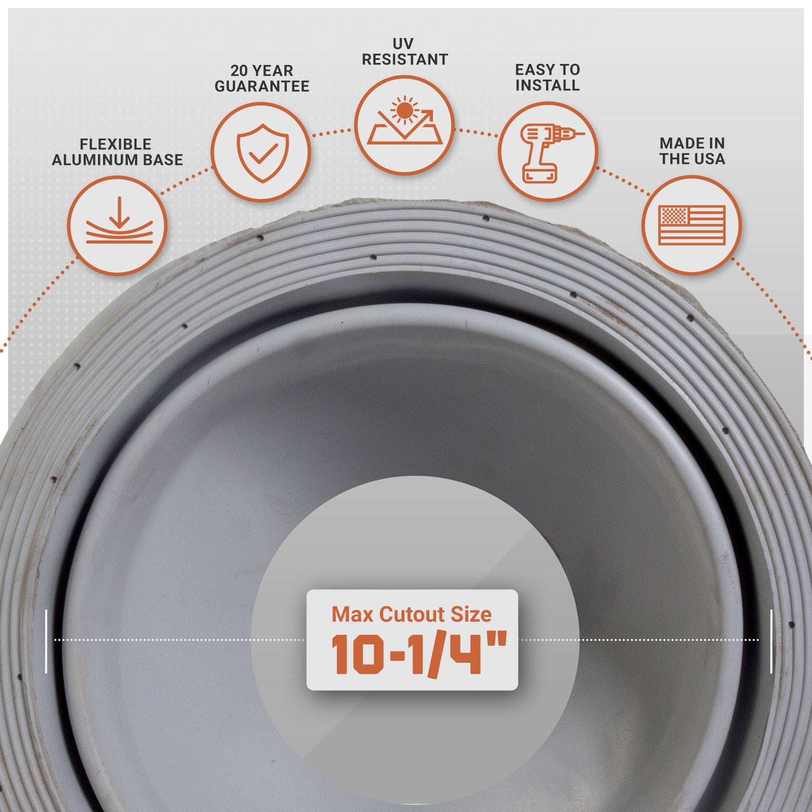 Metal roof boot with features listed on a white background