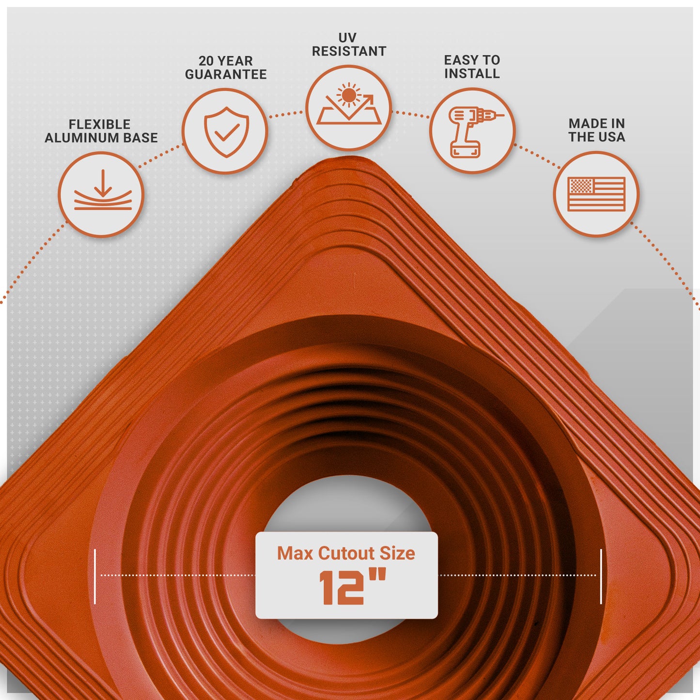 Red Metal roof boot with flexible aluminum base with product features on a white background