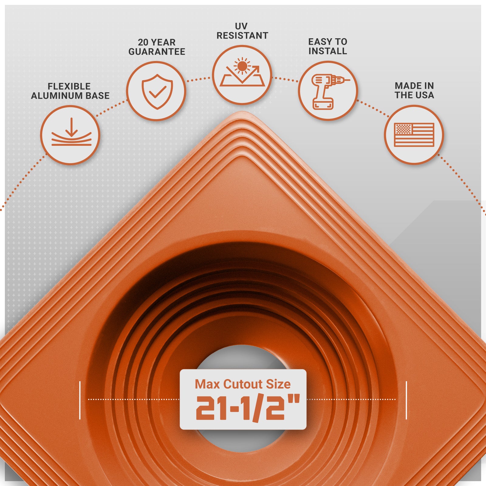 Roof boot with flexible aluminum base with product features on a gray background