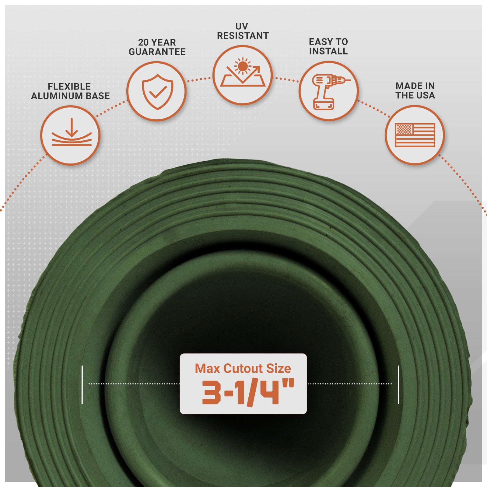 Green metal roof boot with features listed on a white background