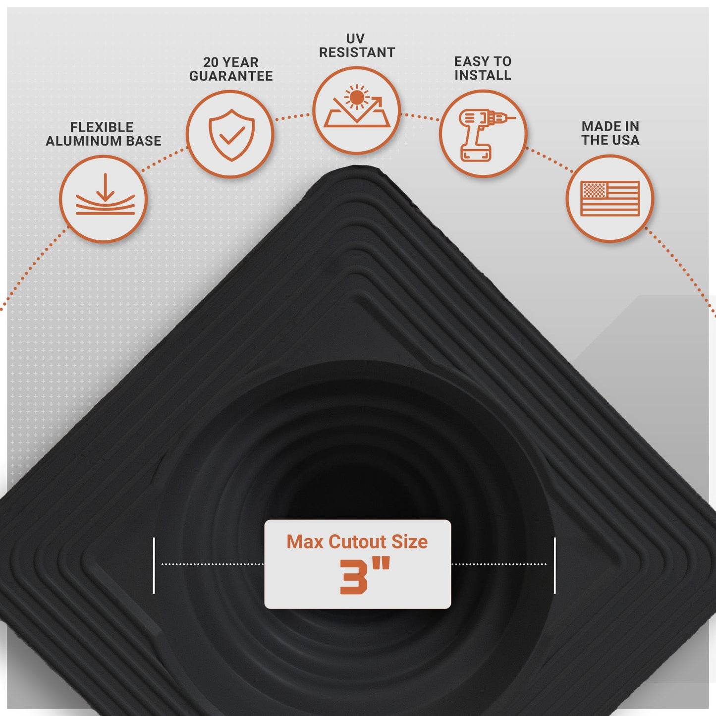 metal roof boot with flexible aluminum base with installation features on a gray background