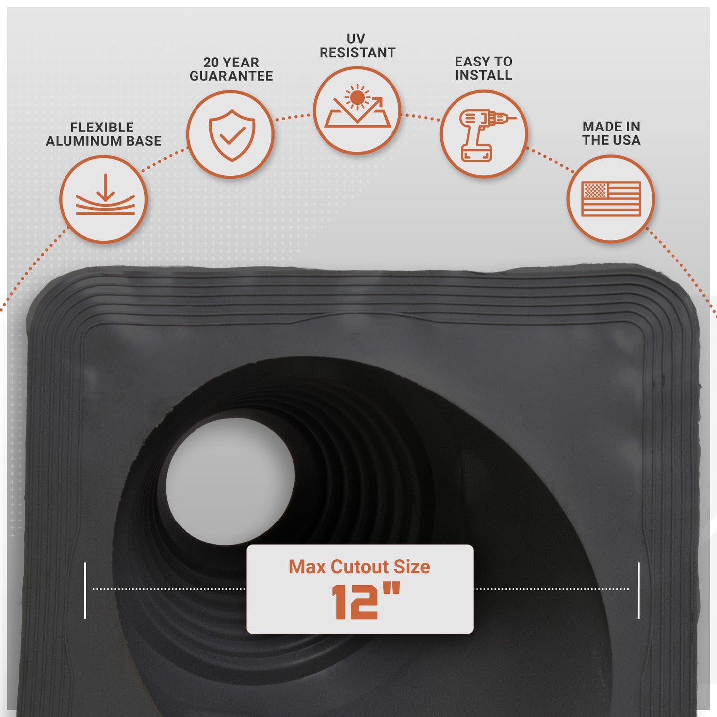 metal roof boot with features listed on a white background