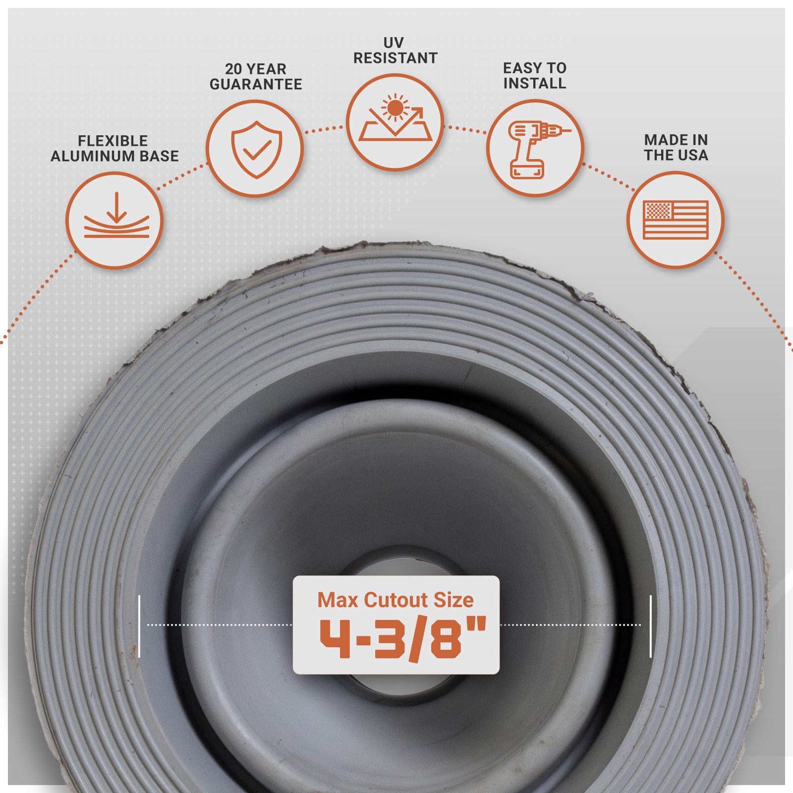 Roof boot with flexible aluminum base with features listed on a white background