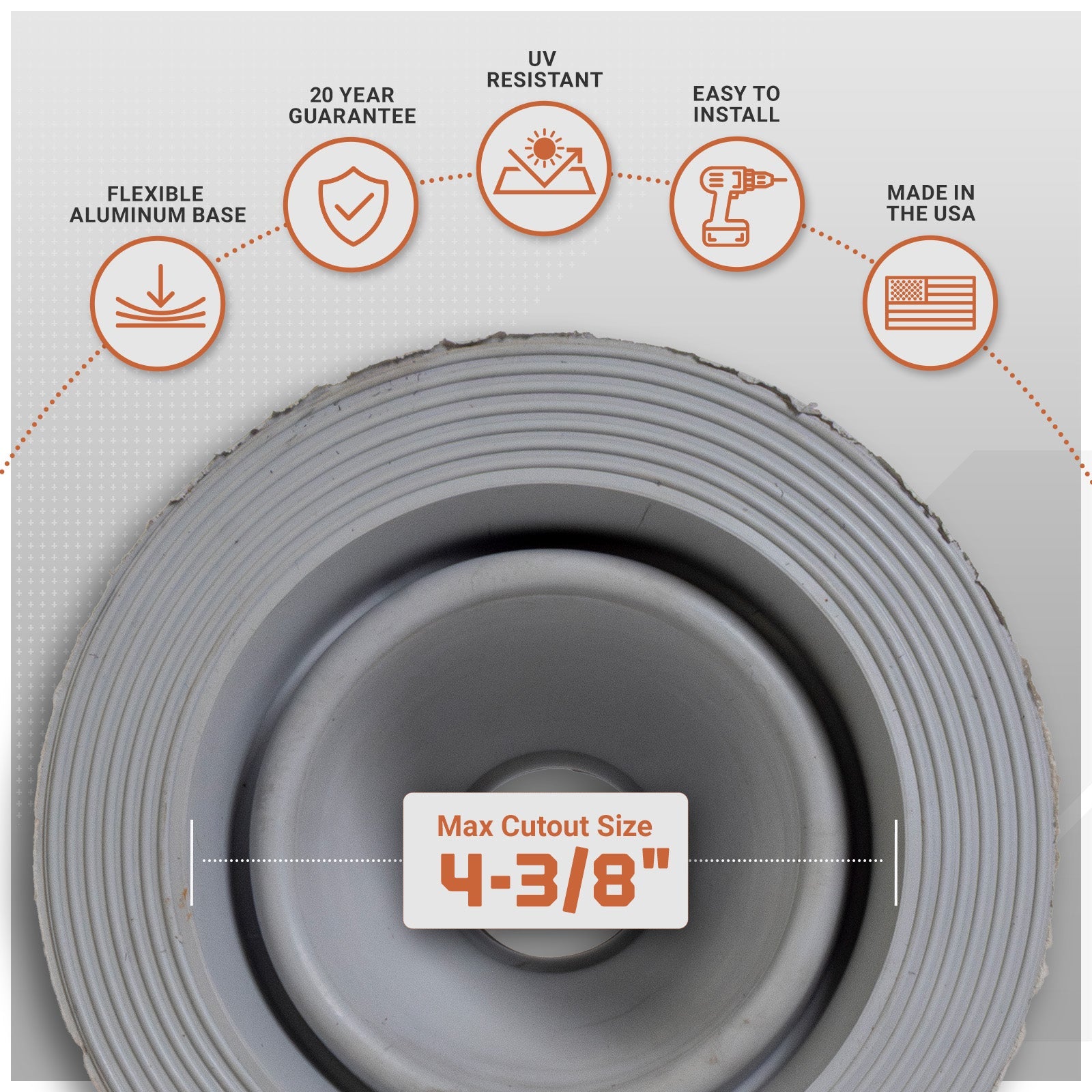 metal roof boot with flexible aluminum base with installation features on a gray background