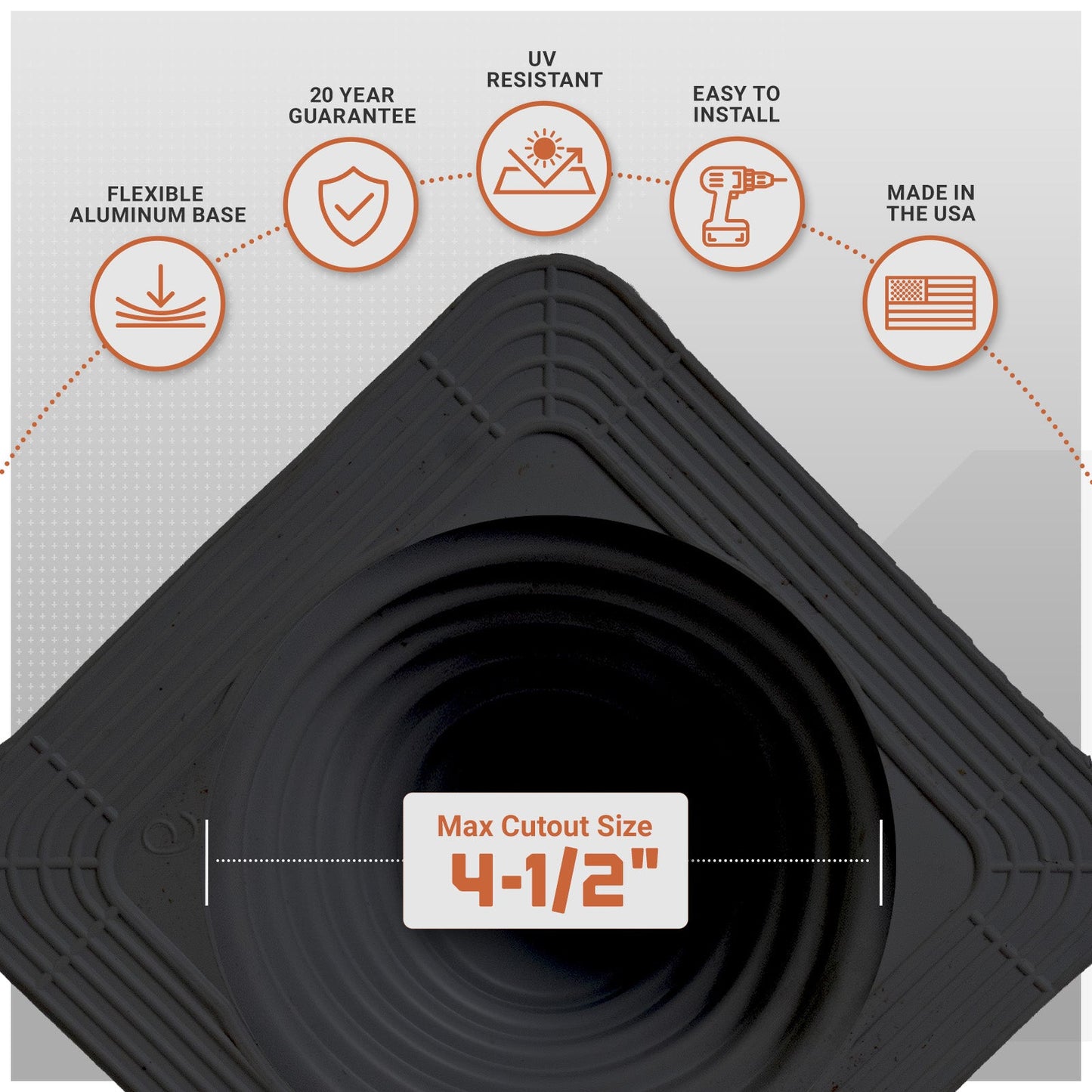 metal roof boot with flexible aluminum base with installation features on a gray background
