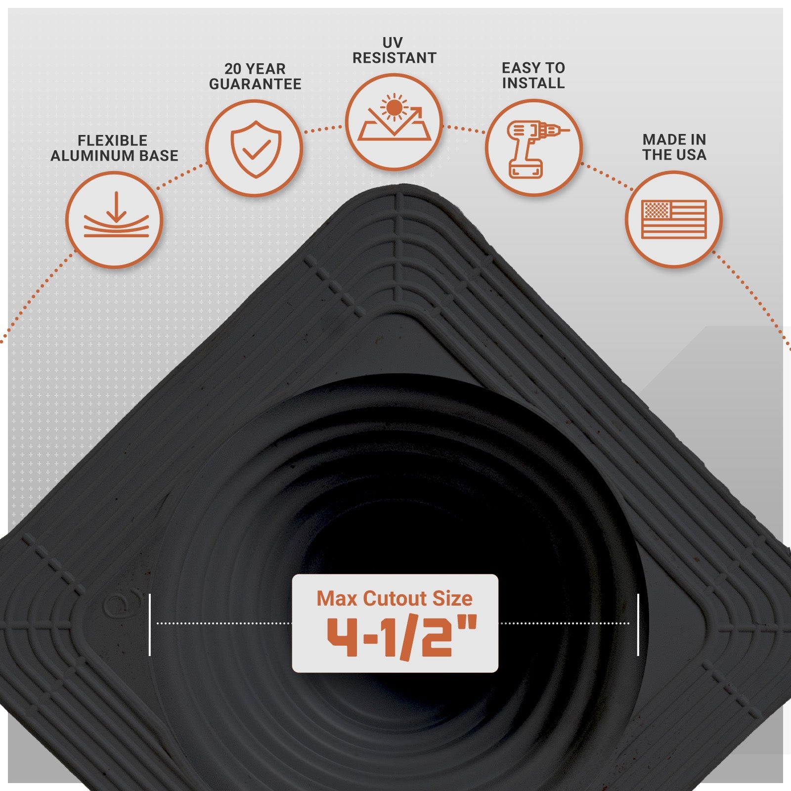 metal roof boot with flexible aluminum base with installation features on a gray background