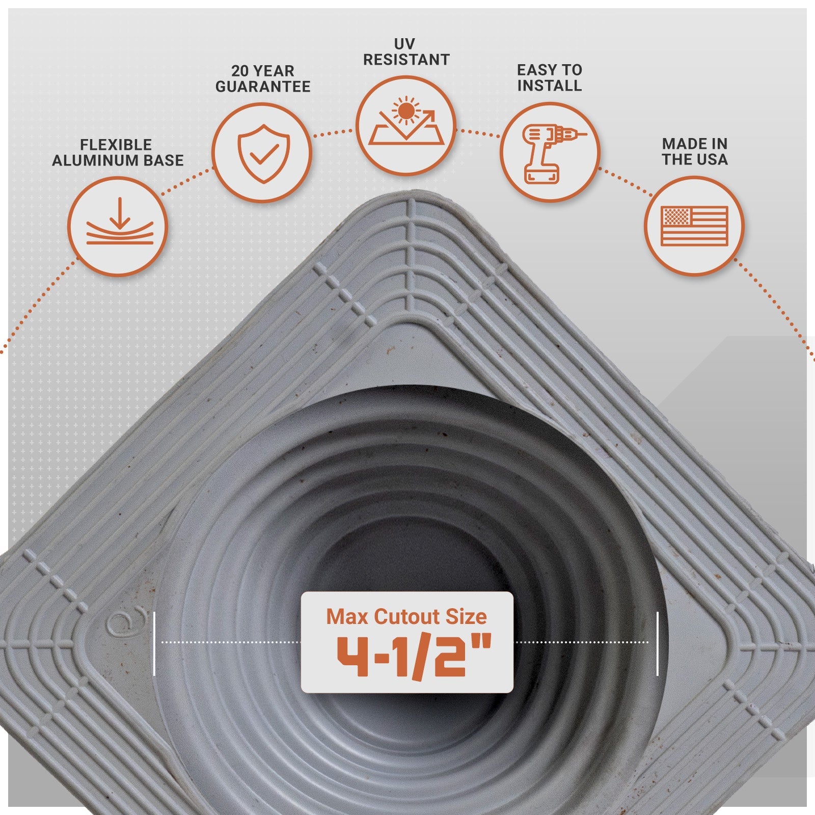 metal roof boot with flexible aluminum base with installation features on a gray background