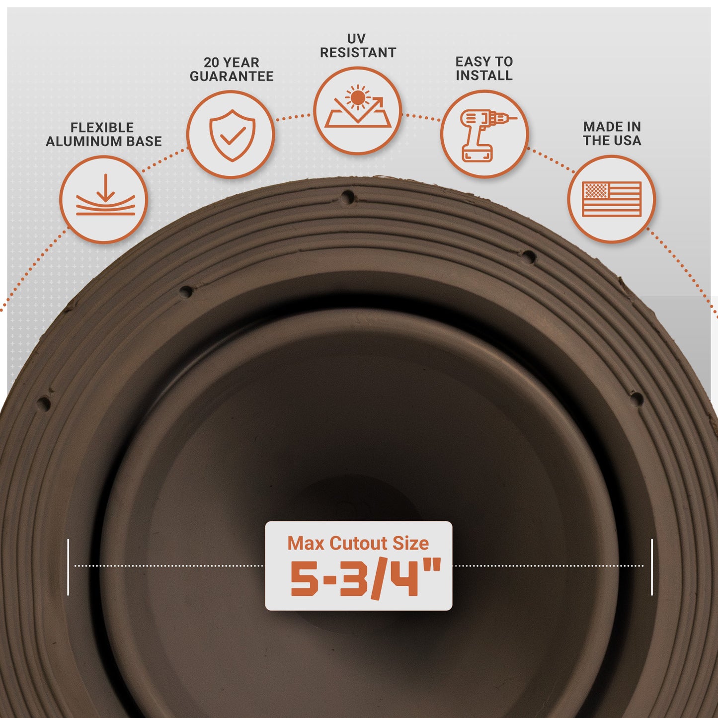 metal roof boot with installation features and specifications on a gray background