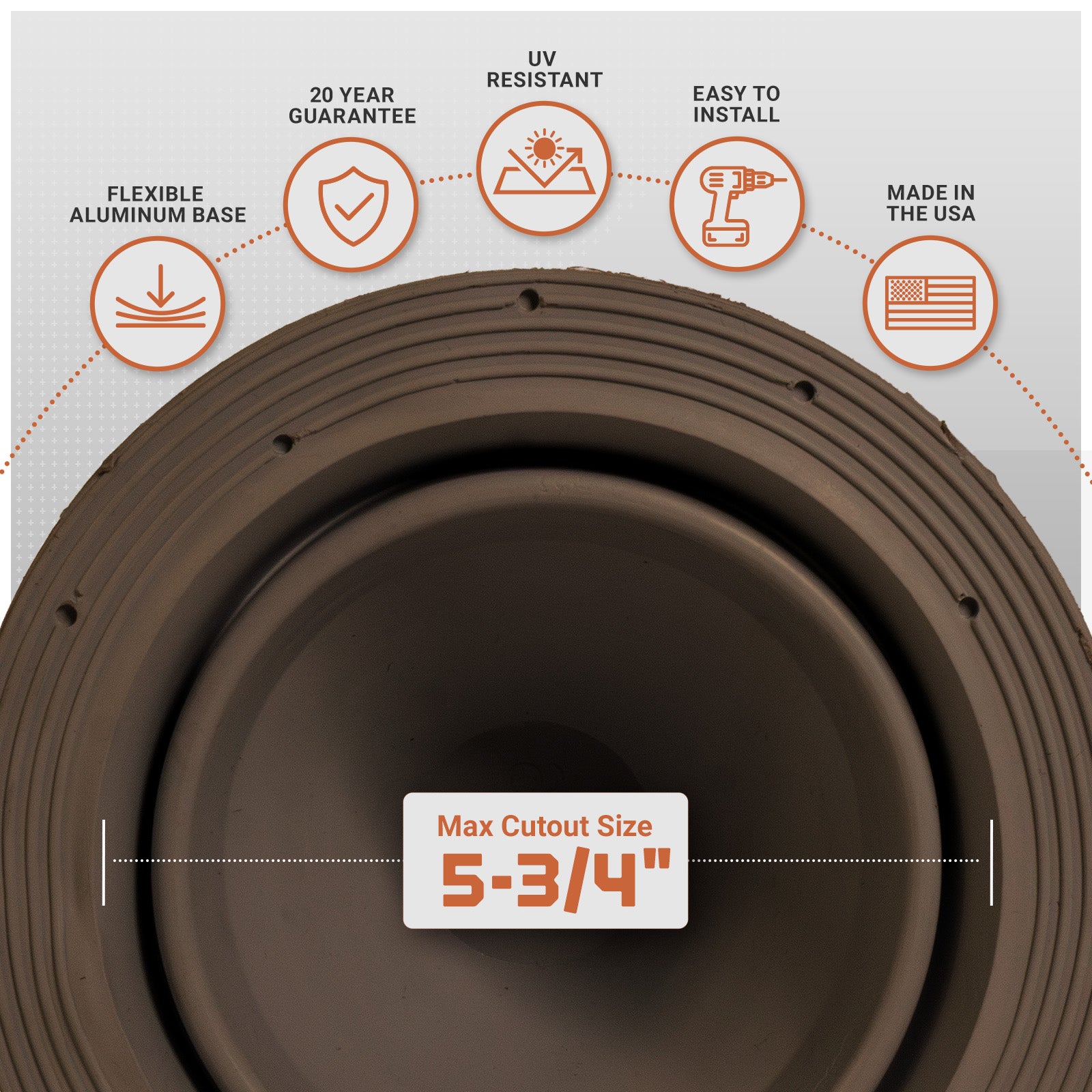 metal roof boot with installation features and specifications on a gray background