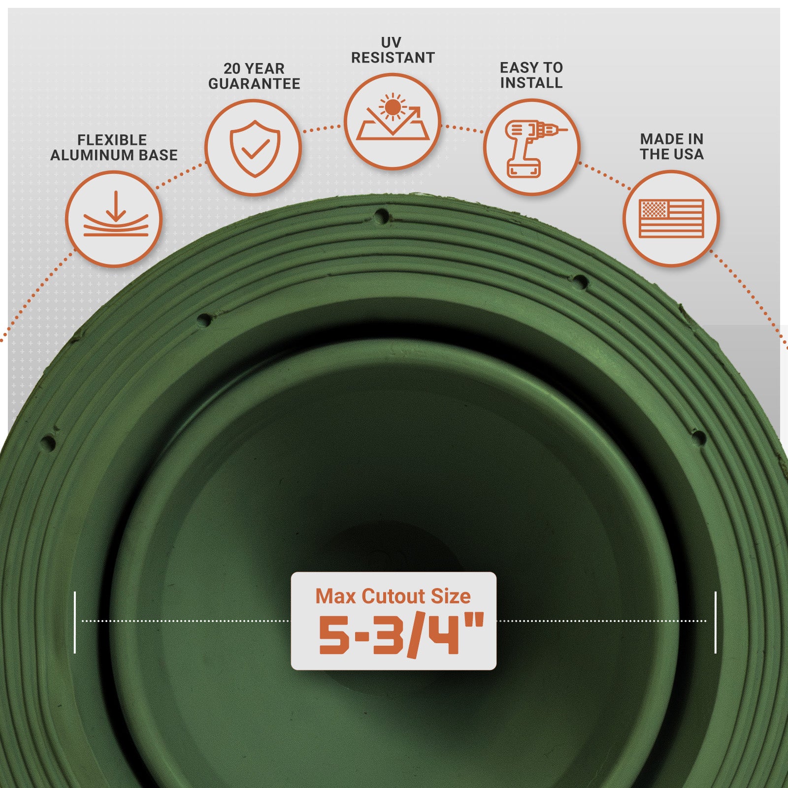 Green metal roof boot with features listed above it on a white background
