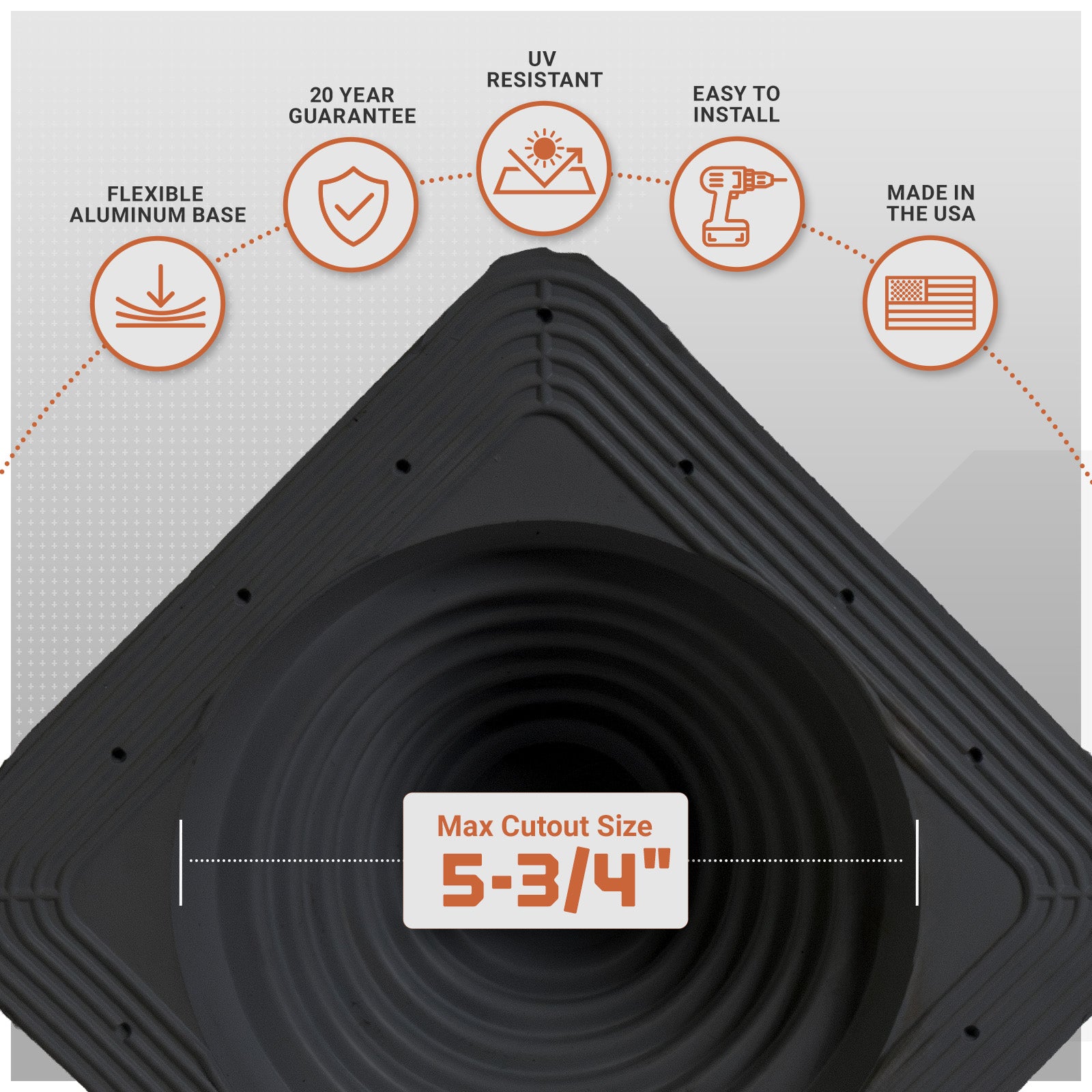 metal roof boot with features listed on a white background