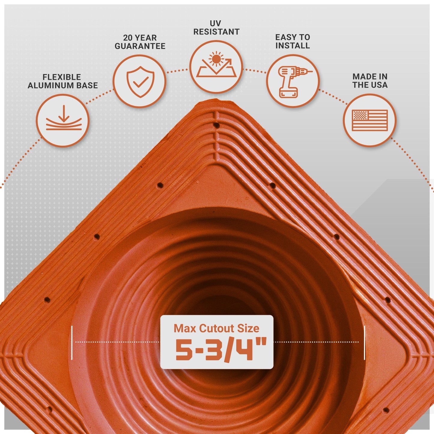 metal roof boot with flexible aluminum base with installation features on a gray background