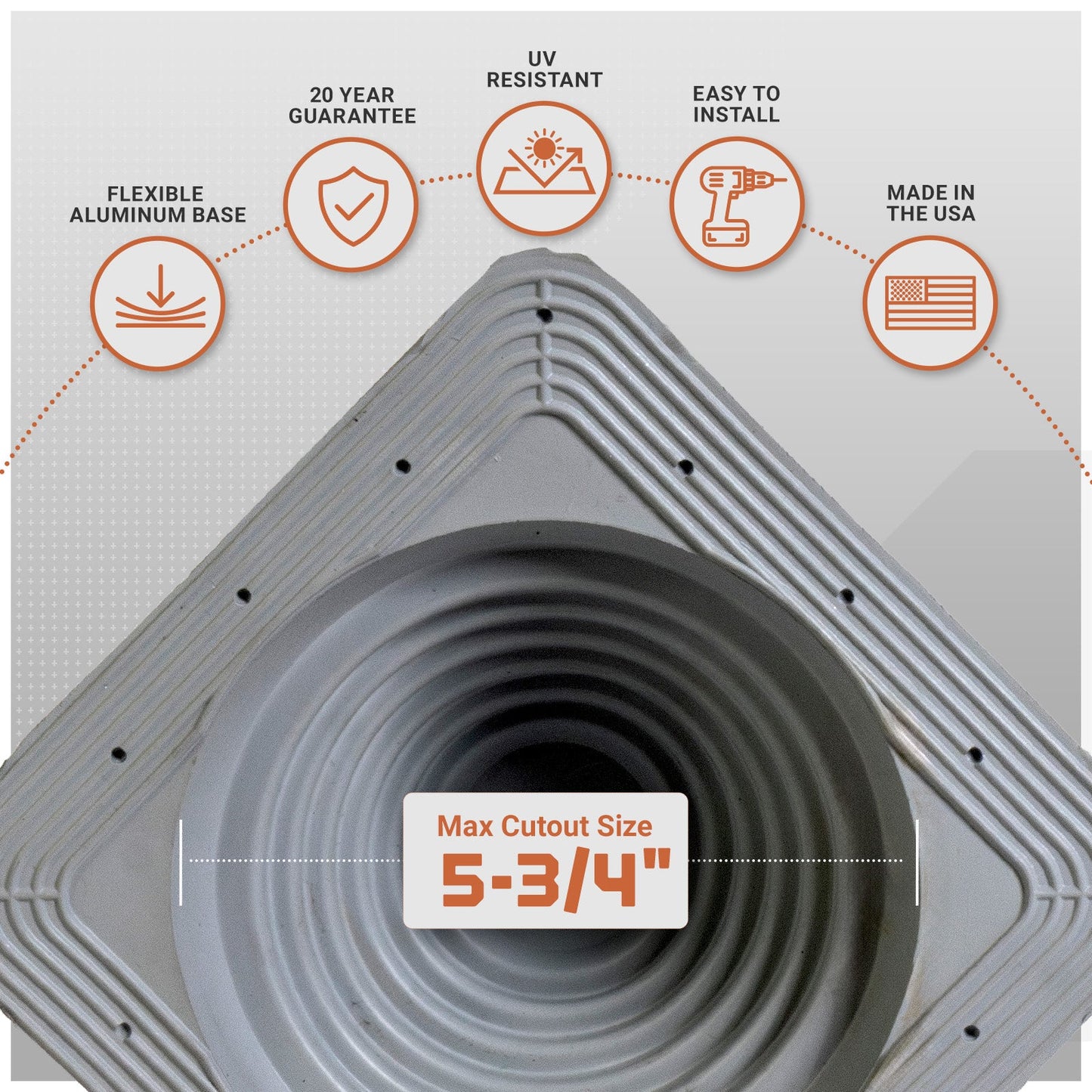 metal roof boot with flexible aluminum base with installation features on a gray background