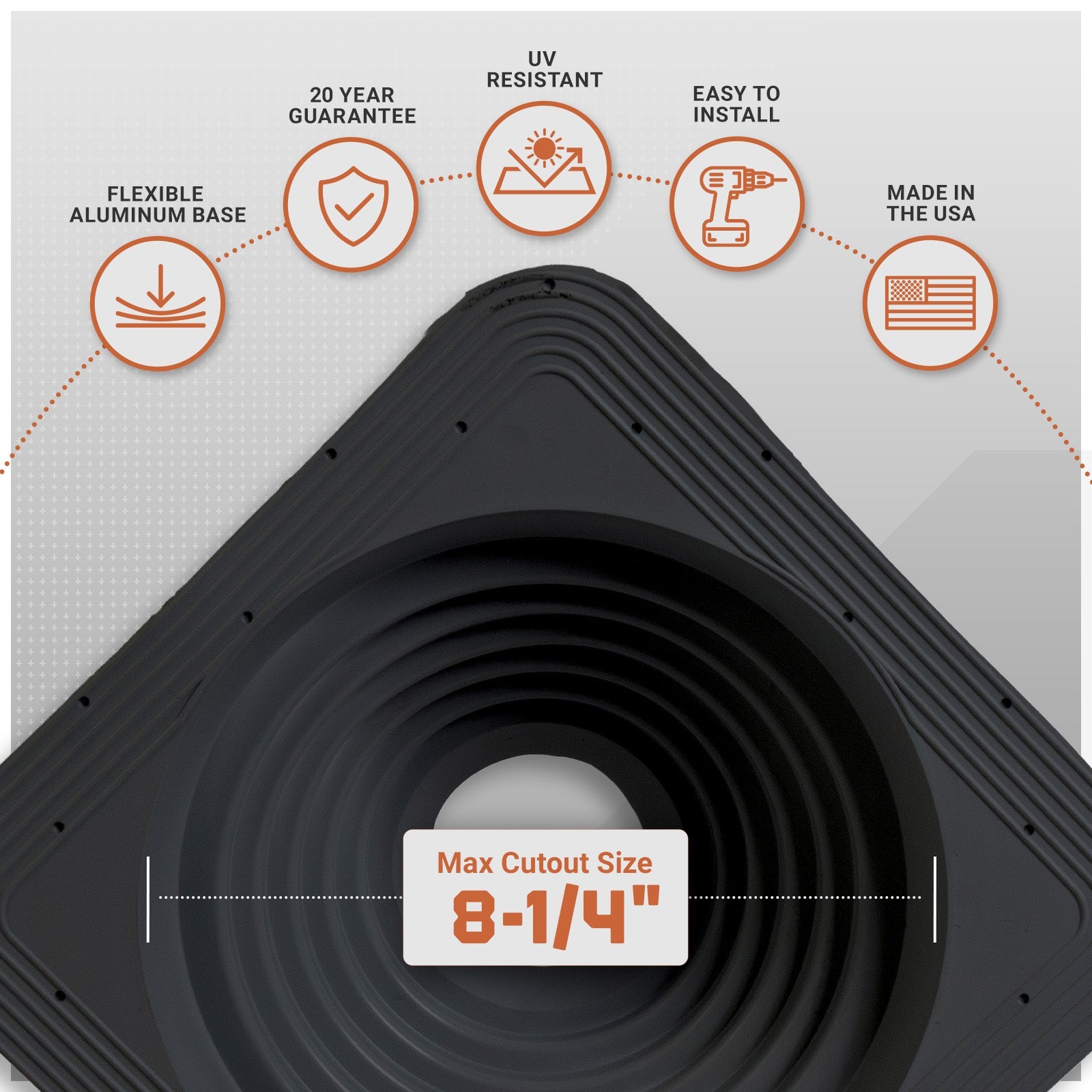 metal roof boot with flexible aluminum base with installation features on a gray background