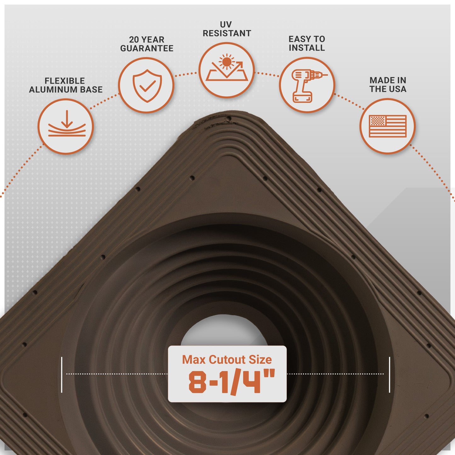 Brown Metal roof boot with installation features and specifications on a white background