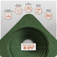 Green Metal roof boot with flexible aluminum base with product features and specifications on a white background