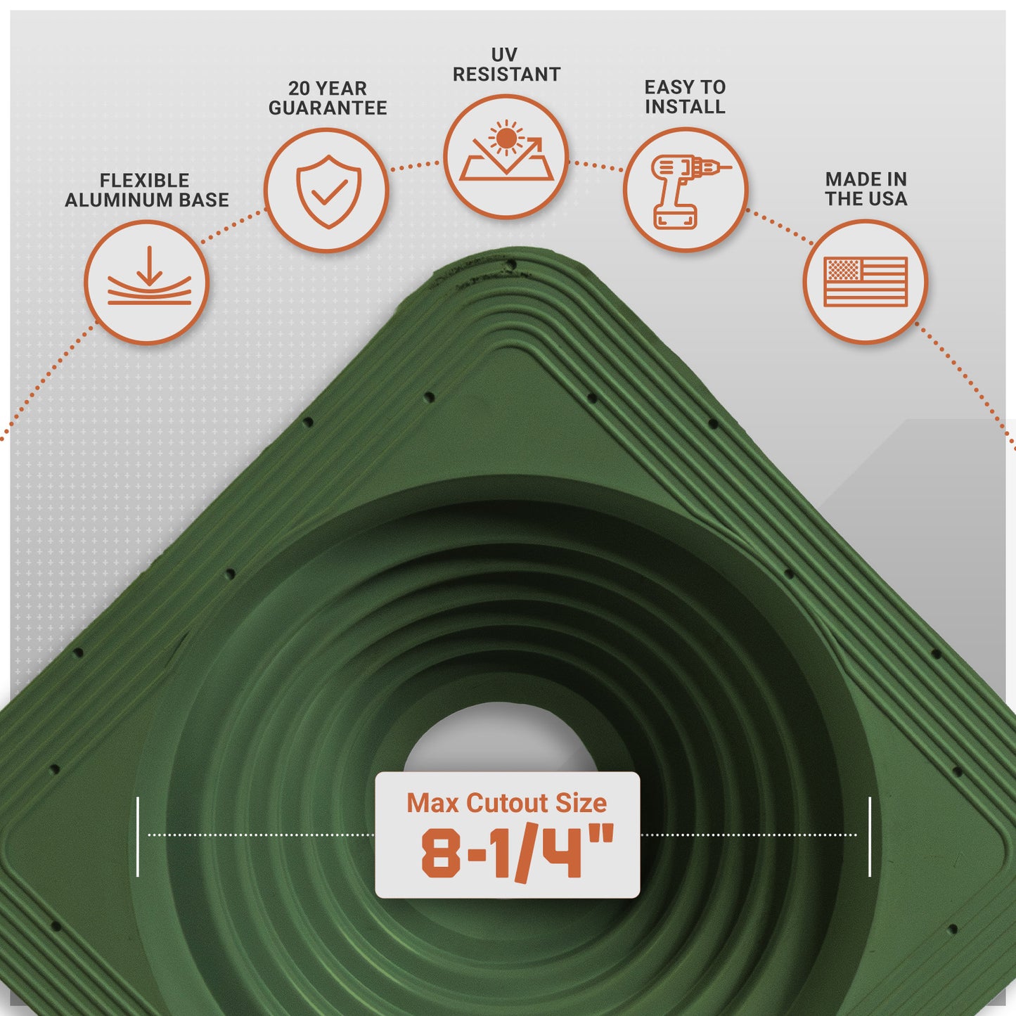 Green Metal roof boot with flexible aluminum base with product features and specifications on a white background