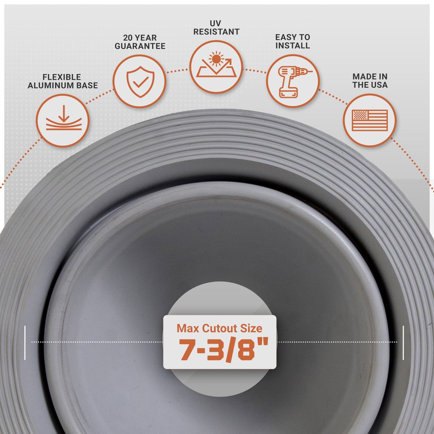 metal roof boot with flexible aluminum base with installation features on a gray background