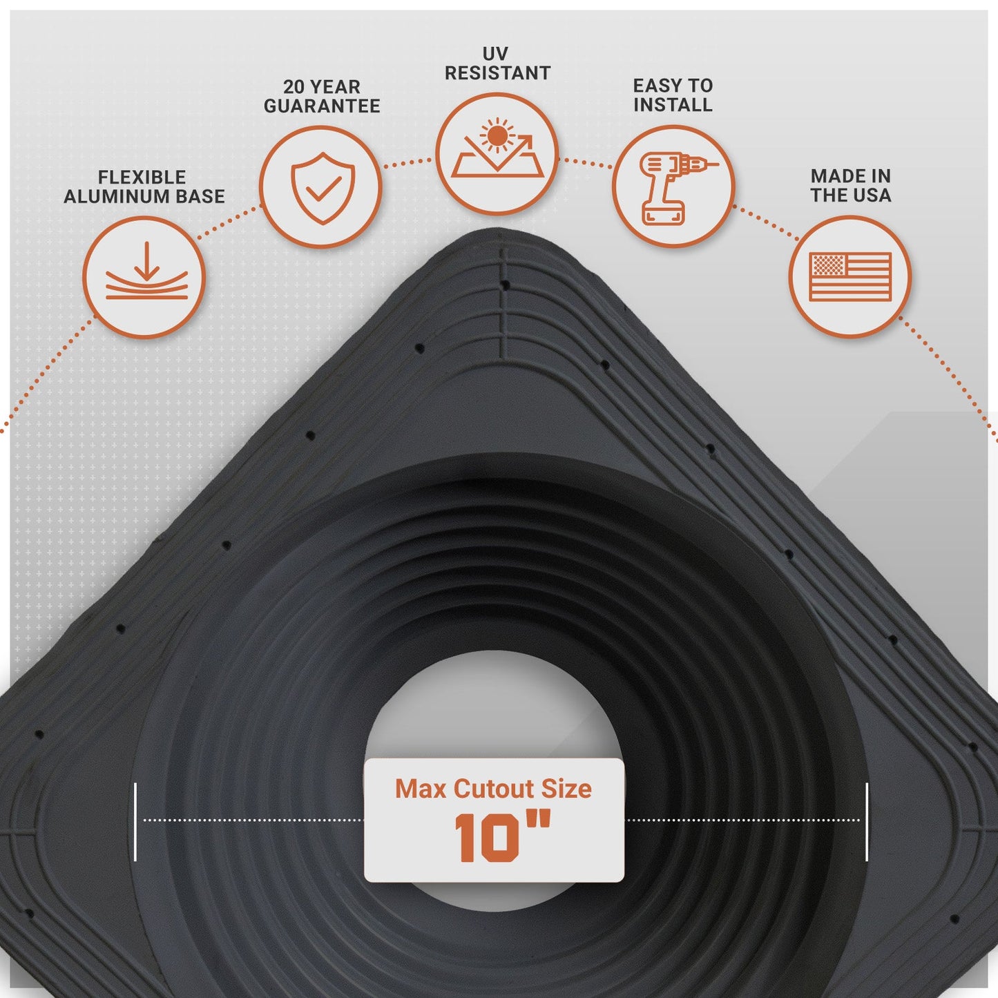 metal roof boot with flexible aluminum base with installation features on a gray background