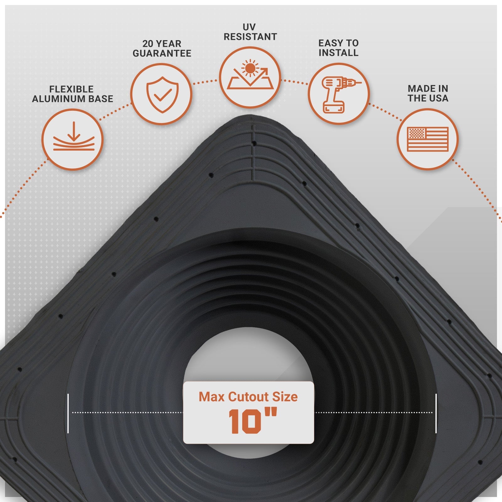 metal roof boot with flexible aluminum base with installation features on a gray background