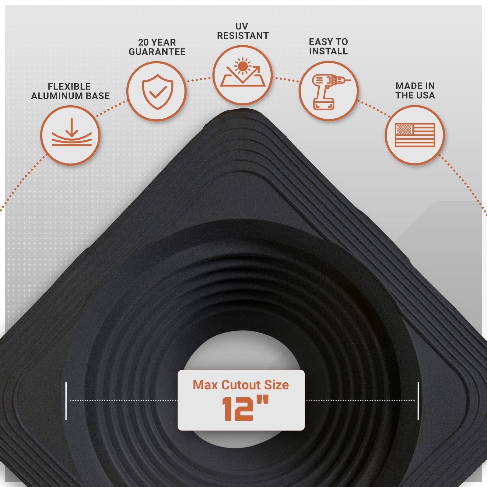 metal roof boot with flexible aluminum base with installation features on a gray background