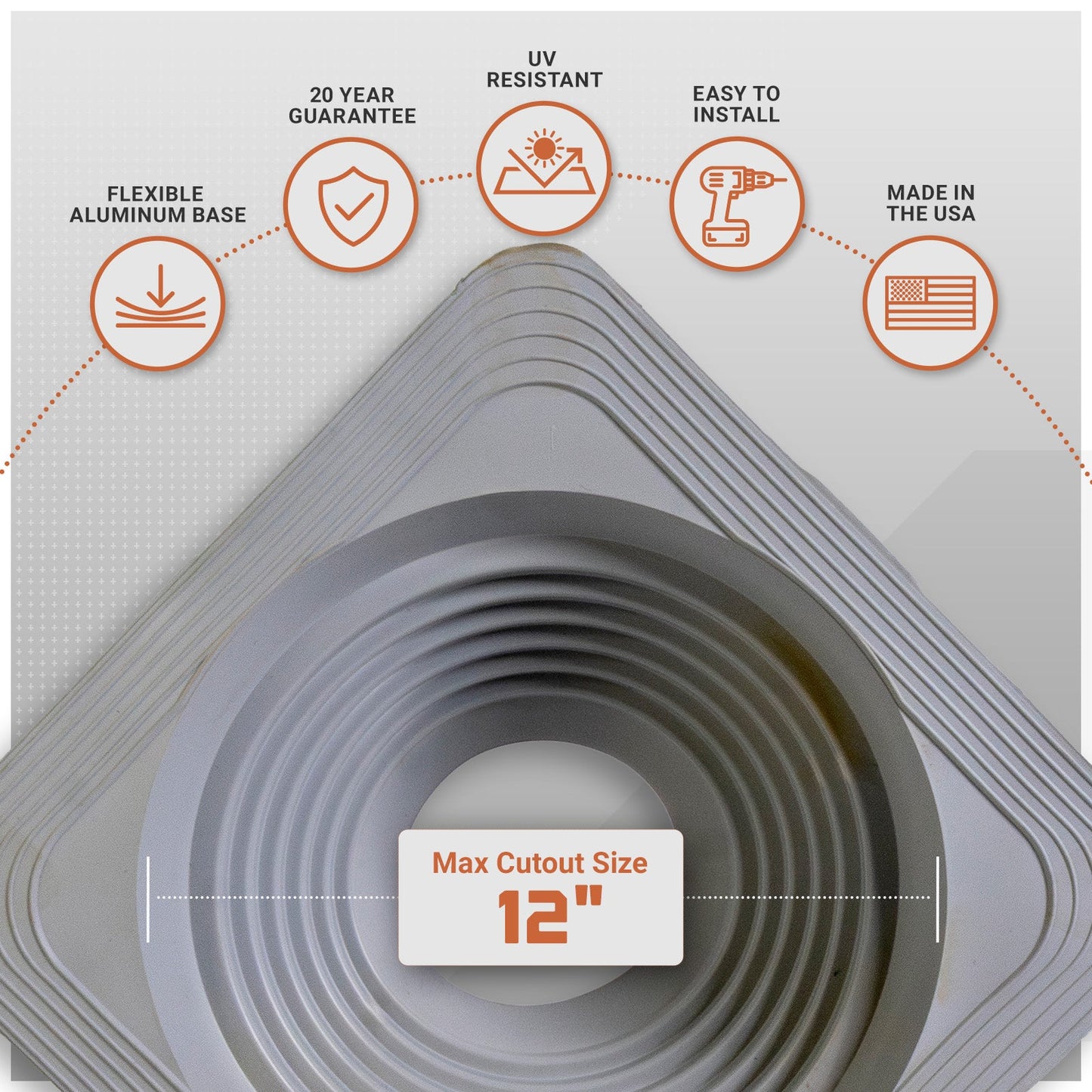 metal roof boot with flexible aluminum base with installation features on a gray background