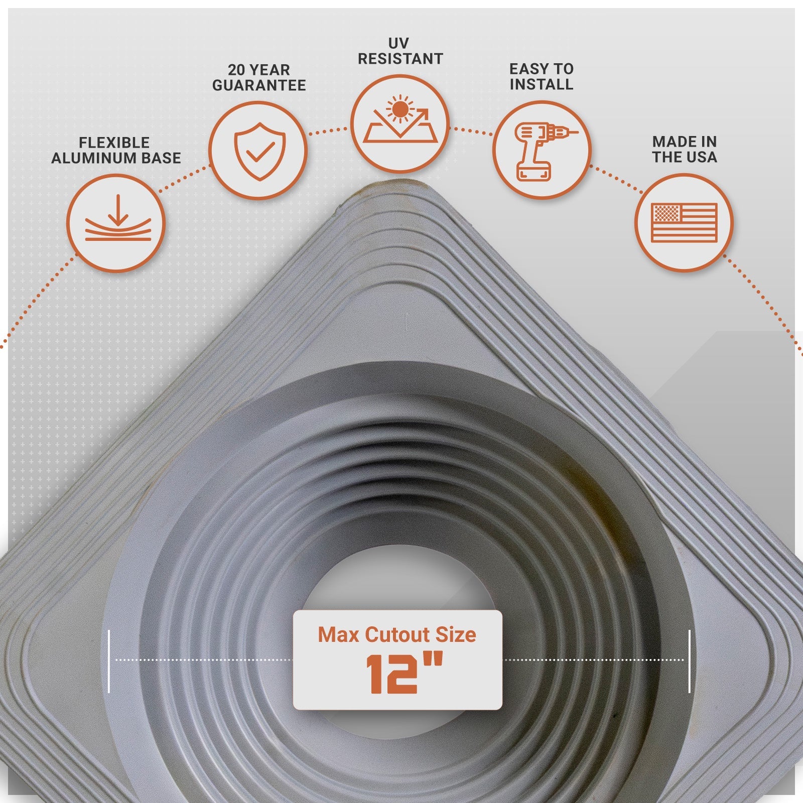 metal roof boot with flexible aluminum base with installation features on a gray background