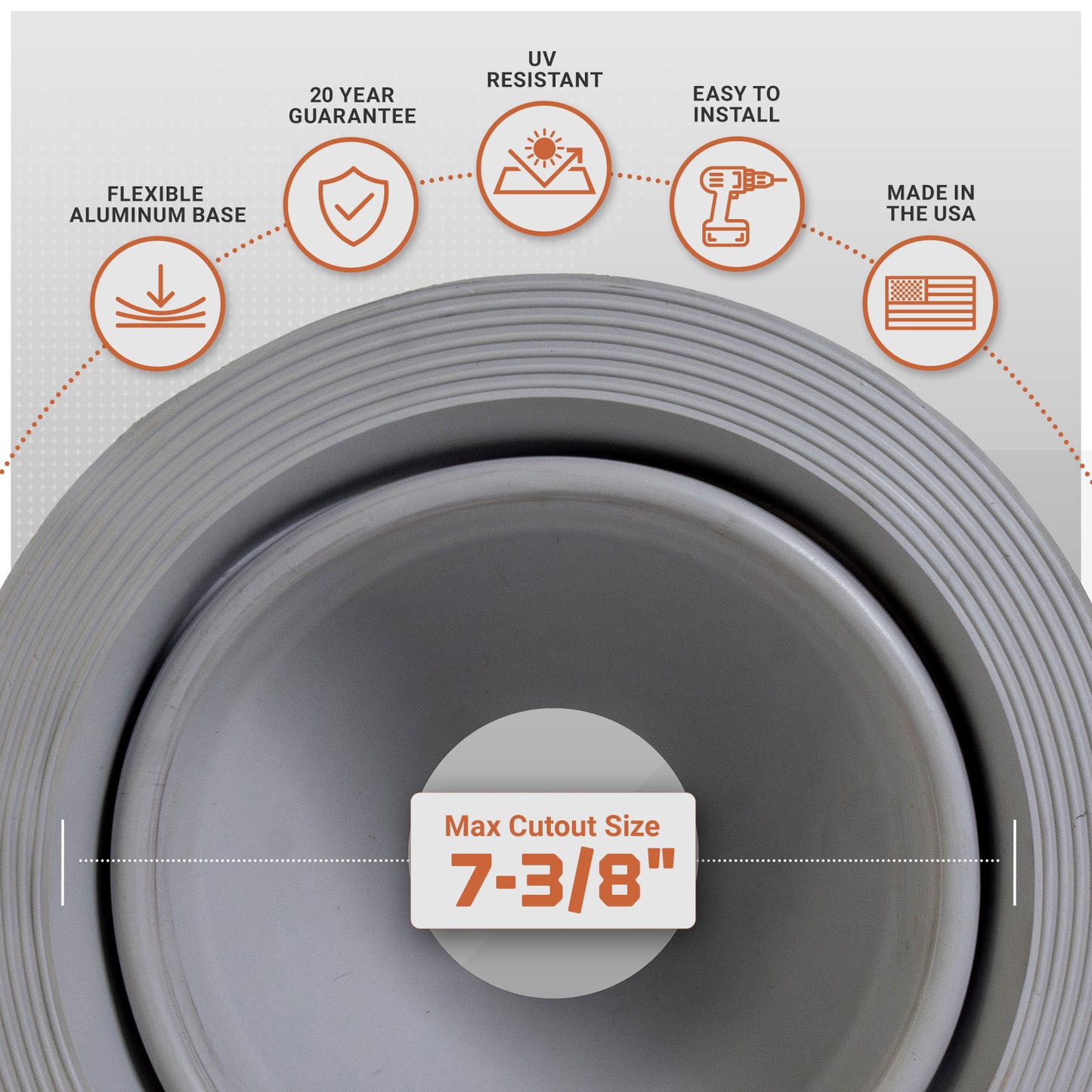 Gray metal roof boot with flexible aluminum base with product features and specifications on a white background
