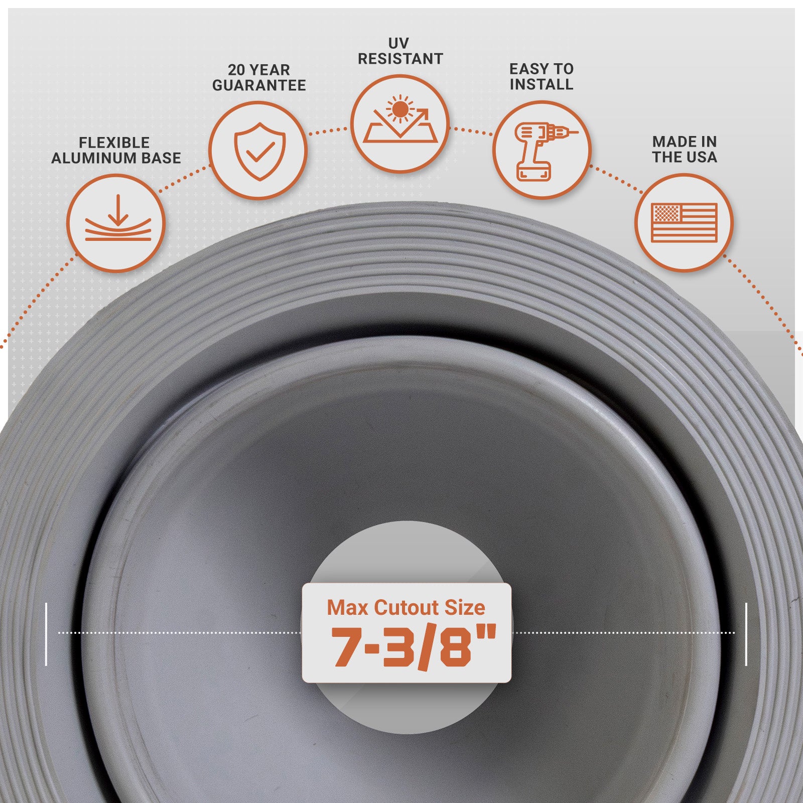 Gray metal roof boot with flexible aluminum base with product features and specifications on a white background