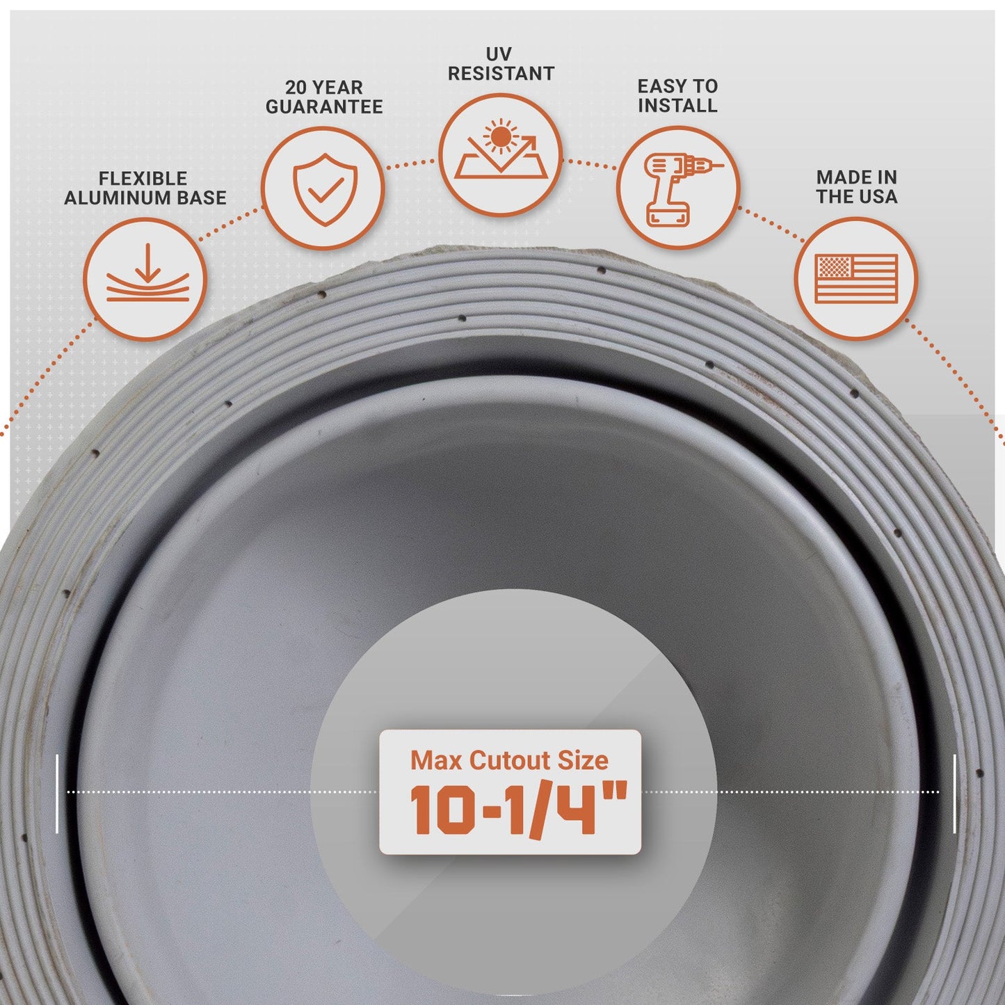 metal roof boot with flexible aluminum base with installation features on a gray background