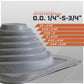 A gray metal roof boot with a flared base, shown on a light gray background with orange text and measurement guides indicating pipe size compatibility from outside diameter