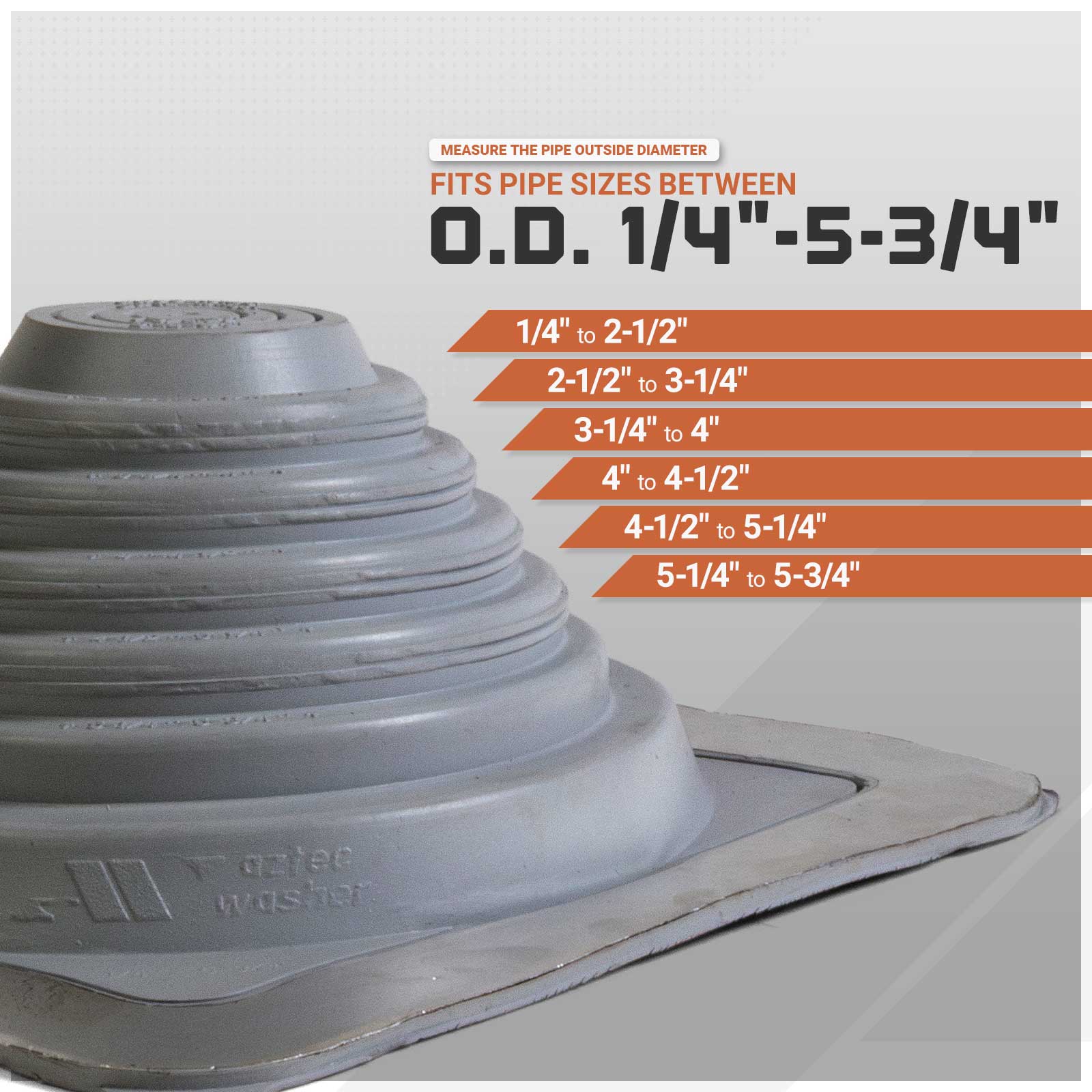 A gray metal roof boot with a flared base, shown on a light gray background with orange text and measurement guides indicating pipe size compatibility from outside diameter